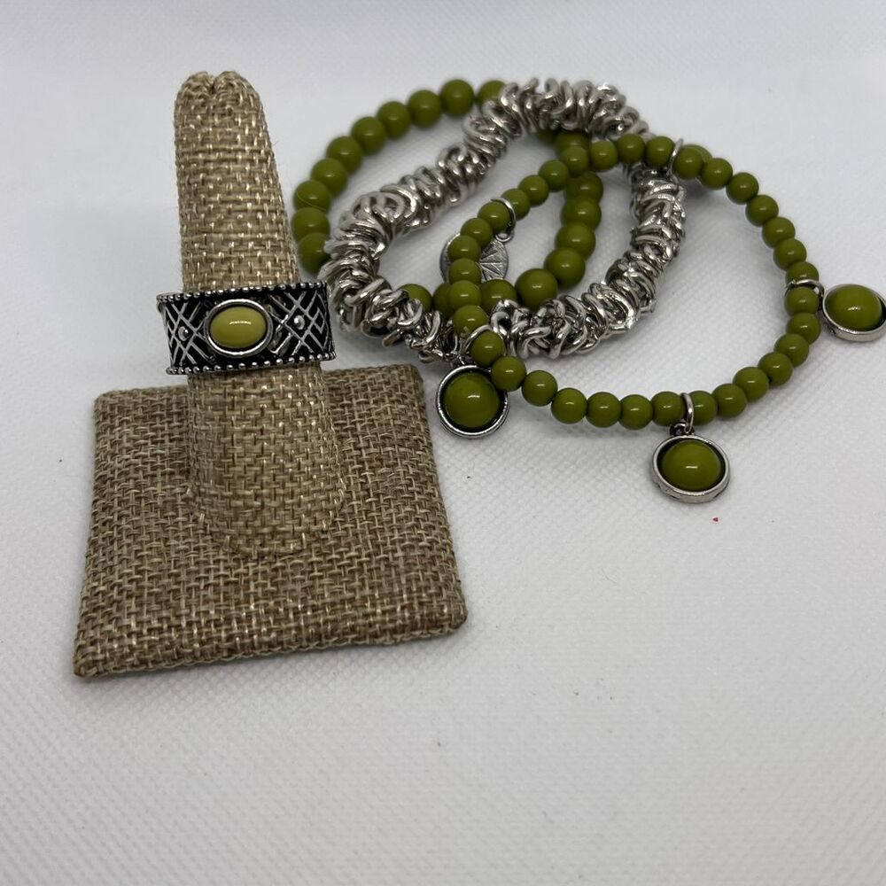 Bohemian Green Bead Stretch Bracelet Set & Ethnic Wallet Jewelry Gift